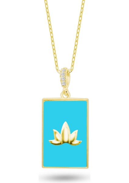Doğal Turkuaz Taşlı Lotus Çiçeği 925 Ayar Gümüş Kolye Sari Renk