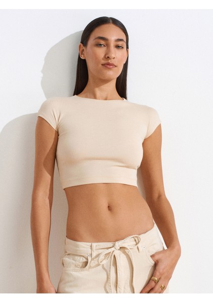 30528 Pamuk ve Modal Karışımlı Crop Top-Taş