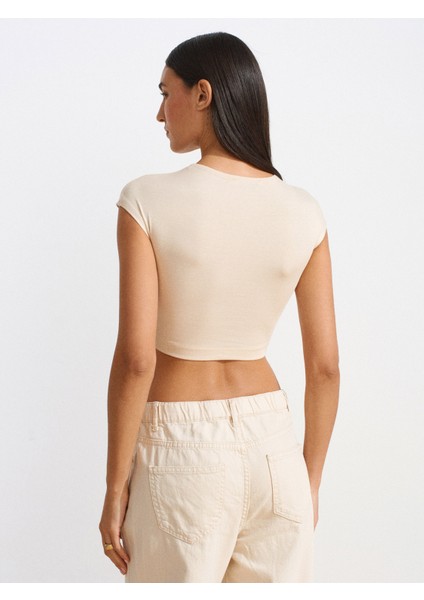 30528 Pamuk ve Modal Karışımlı Crop Top-Taş fiyatları