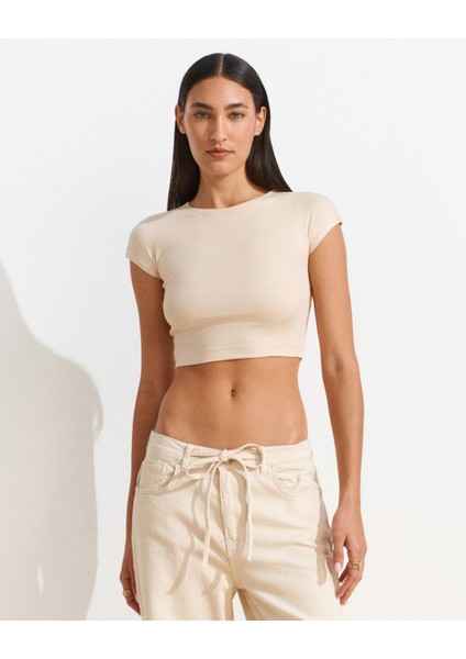 30528 Pamuk ve Modal Karışımlı Crop Top-Taş indirimleri