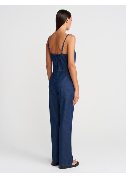 72012 Ince Askılı Denim Tulum-Lacivert