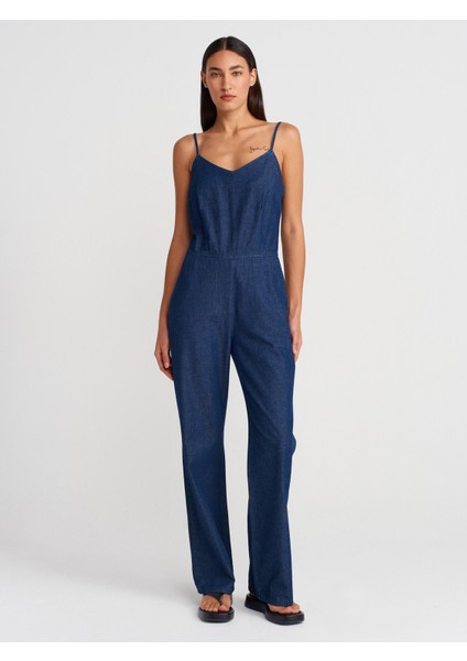 72012 Ince Askılı Denim Tulum-Lacivert