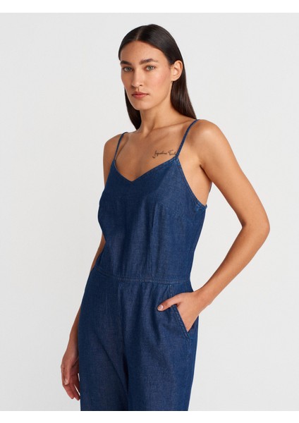 72012 Ince Askılı Denim Tulum-Lacivert