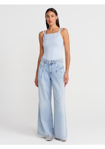 71995 Önü Fletolu Geniş Denim Pantolon-Mavi