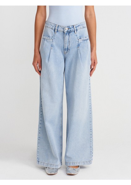 71995 Önü Fletolu Geniş Denim Pantolon-Mavi modelleri