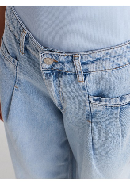 71995 Önü Fletolu Geniş Denim Pantolon-Mavi fırsatları