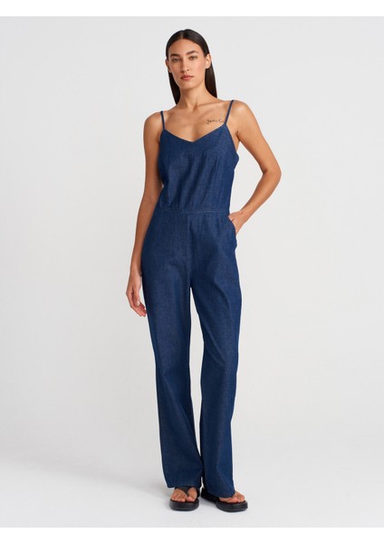 72012 Ince Askılı Denim Tulum-Lacivert