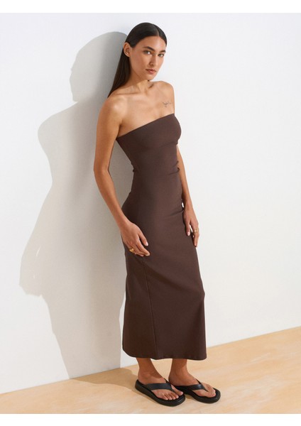 91368 Straplez Midi Elbise-Kahve