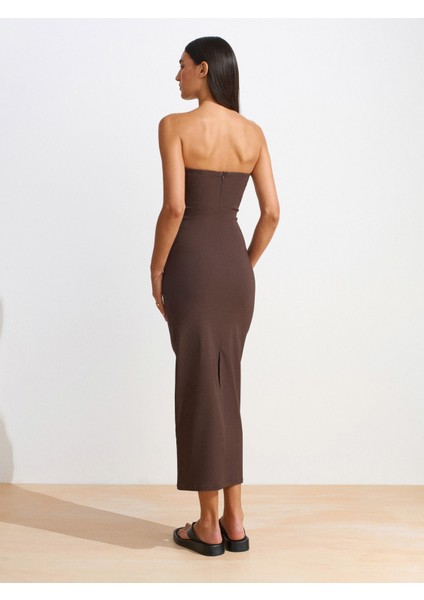 91368 Straplez Midi Elbise-Kahve fiyatları