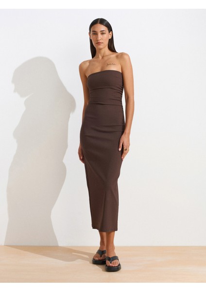 91368 Straplez Midi Elbise-Kahve modelleri