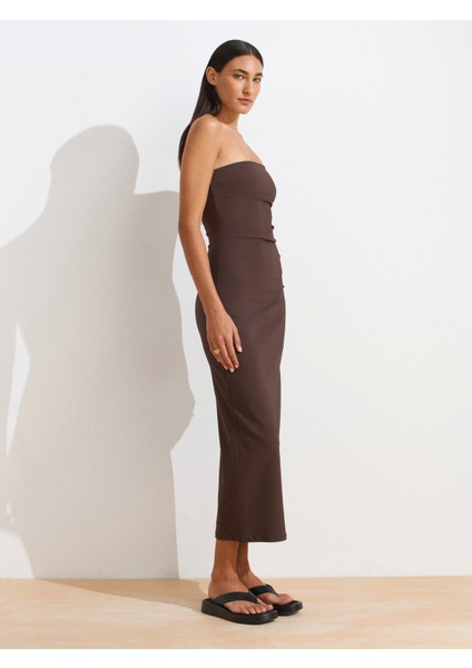 91368 Straplez Midi Elbise-Kahve fırsatları