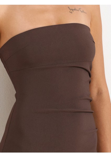 91368 Straplez Midi Elbise-Kahve indirimleri