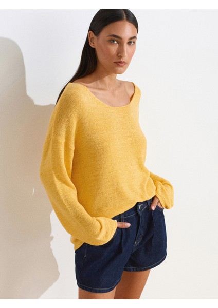 10706 Oval Yaka Yumuşak Dokulu Triko Kazak-Sarı