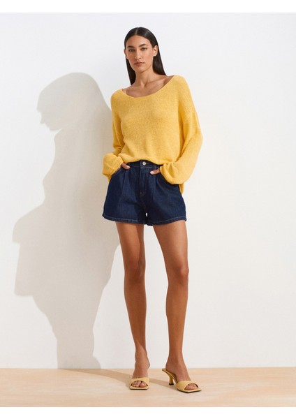 10706 Oval Yaka Yumuşak Dokulu Triko Kazak-Sarı modelleri