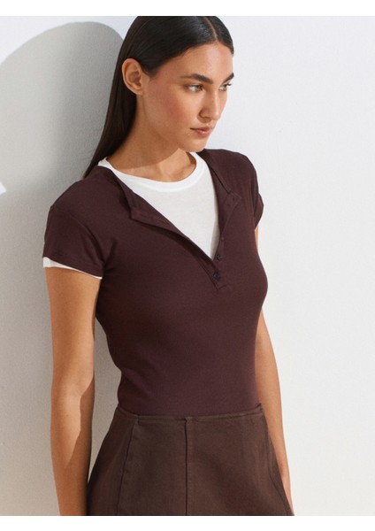31783 Çift Katlı Düğmeli T-Shirt-Kahve