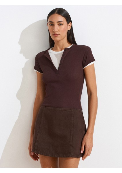 31783 Çift Katlı Düğmeli T-Shirt-Kahve indirimleri