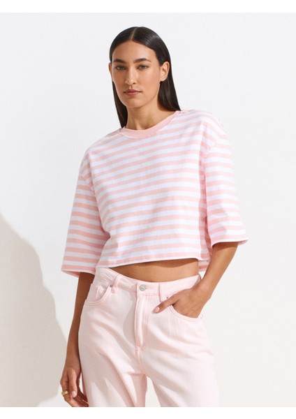30282 Crop Bisiklet Yaka Tshırt-Pembe