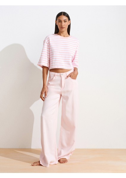 30282 Crop Bisiklet Yaka Tshırt-Pembe