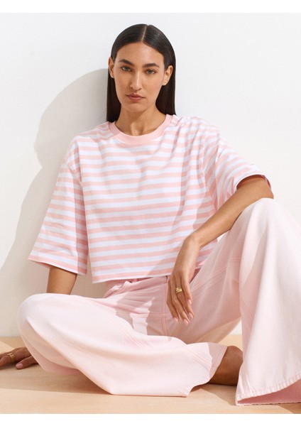 30282 Crop Bisiklet Yaka Tshırt-Pembe