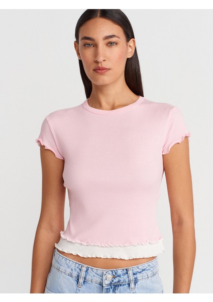 31876 Çift Görünümlü Kısa Kollu Top-Toz Pembe
