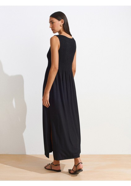 91465 Kayık Yaka Midi Elbise-Siyah