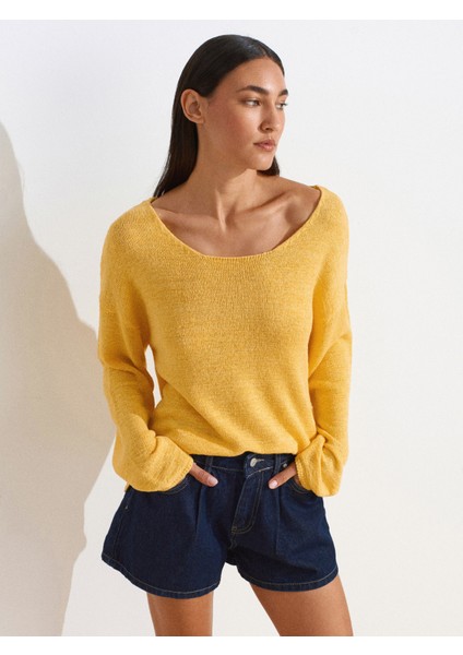 10706 Oval Yaka Yumuşak Dokulu Triko Kazak-Sarı indirimleri