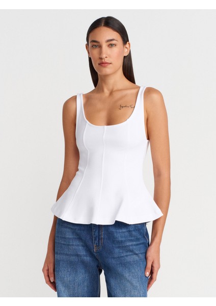 21063 Kalın Askılı Peplum Top-Beyaz