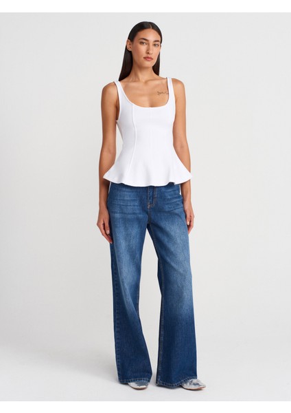 21063 Kalın Askılı Peplum Top-Beyaz