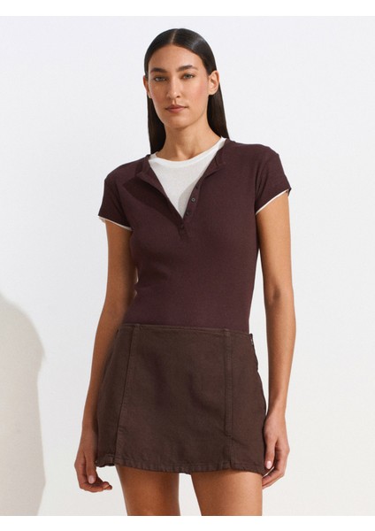 72018 Parçaboya Şort Denim Etek-Kahve modelleri