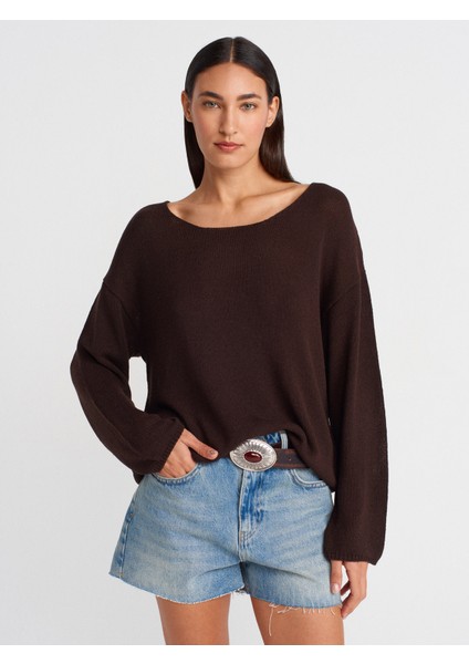 10706 Oval Yaka Yumuşak Dokulu Triko Kazak-Koyu Kahve