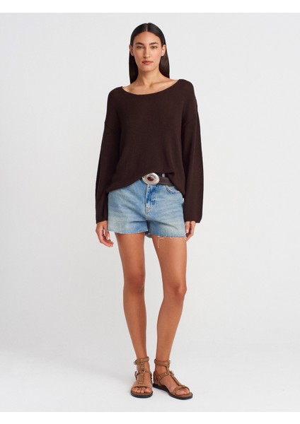 10706 Oval Yaka Yumuşak Dokulu Triko Kazak-Koyu Kahve modelleri