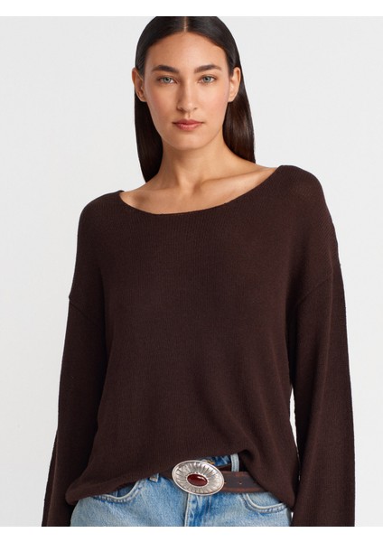 10706 Oval Yaka Yumuşak Dokulu Triko Kazak-Koyu Kahve fırsatları
