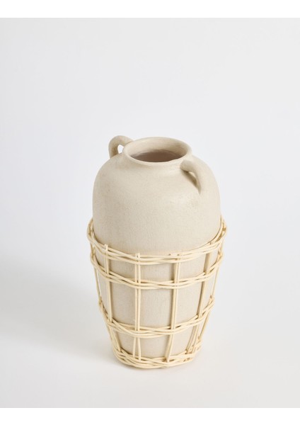 Büyük Doğal Hasır Örgülü Terakota Vazo