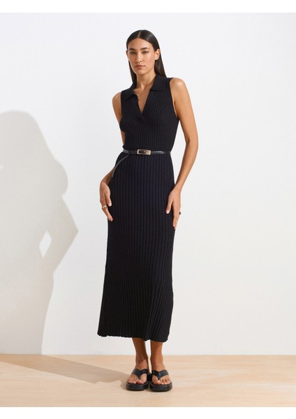 90249 V Polo Yaka Fitilli Triko Elbise-Siyah