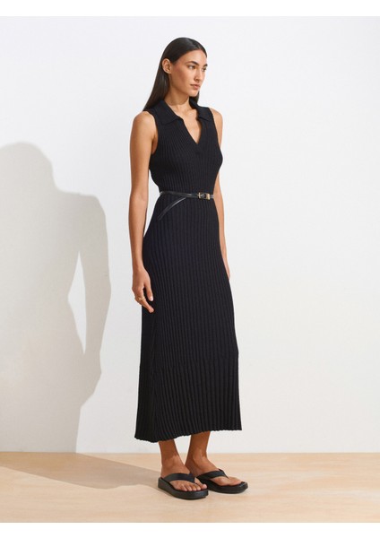 90249 V Polo Yaka Fitilli Triko Elbise-Siyah modelleri