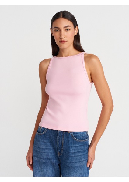 21048 Halter Yaka Top-Toz Pembe