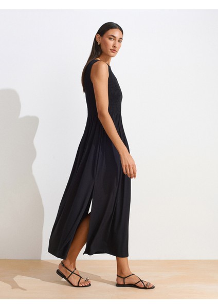 91465 Kayık Yaka Midi Elbise-Siyah