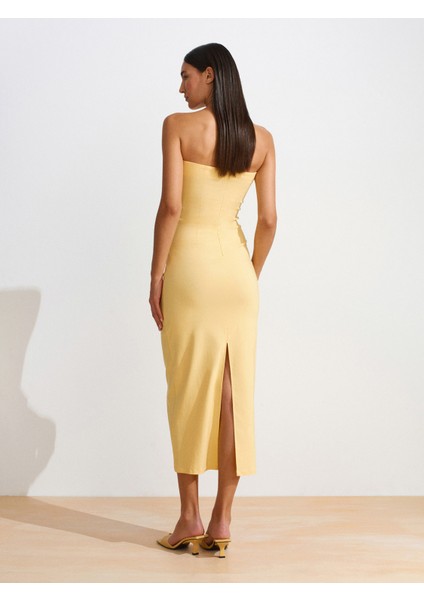 91368 Straplez Midi Elbise-Sarı fiyatları
