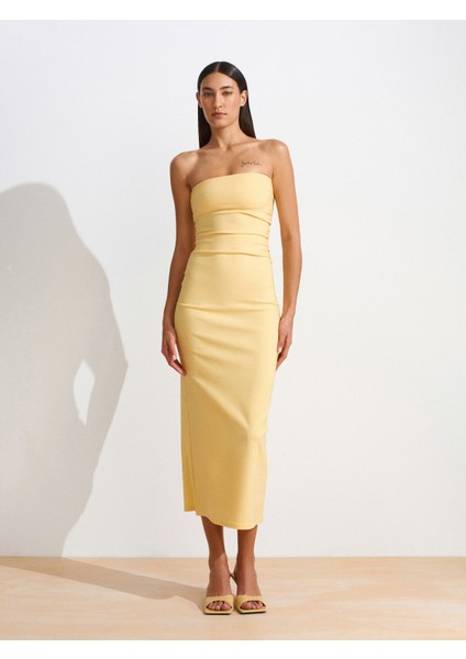 91368 Straplez Midi Elbise-Sarı modelleri