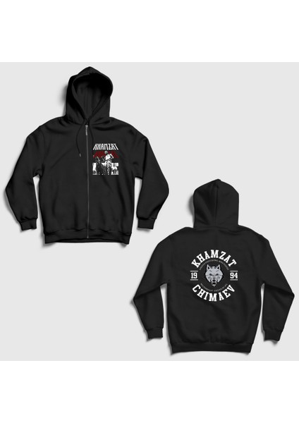 Unisex Siyah Dog Ufc Mma Güreş Khamzat Chimaev Sırt Baskılı Fermuarlı Kapüşonlu Sweatshirt