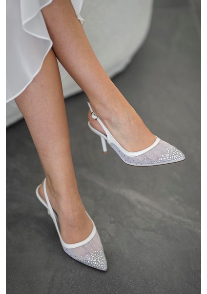 Pet Topuklu File Abiye Ayakkabı Beyaz