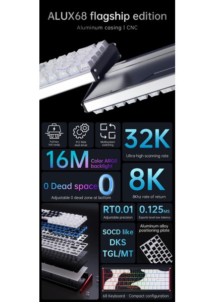 Ajazz Alux 68 He Kablolu-8000hz Manyetik Switch Oyun Klavyesi Alümniyum Gövde Yapısı