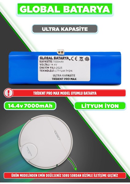 Trident Pro Max Uyumlu Akıllı Robot Süpürge Bataryası 14.4v 7000mah Li-Ion Pil (Ultra Kapasite)