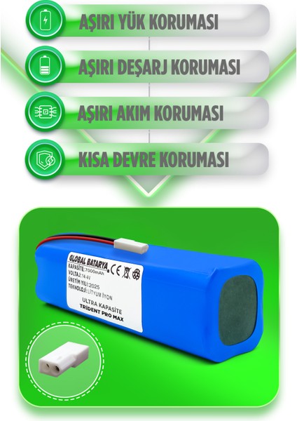 Trident Pro Max Uyumlu Akıllı Robot Süpürge Bataryası 14.4v 7000mah Li-Ion Pil (Ultra Kapasite) fiyatları