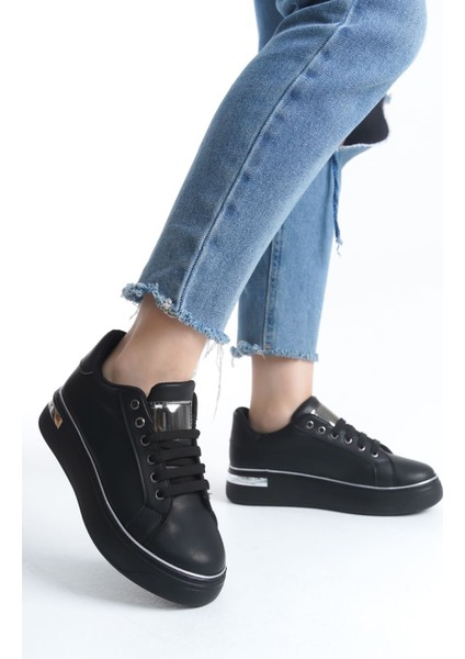 Mına Bağcıklı Ortopedik Taban Kadın Sneaker Spor Ayakkabı Cst - Siyah/gümüş