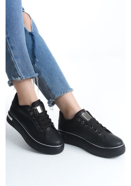 Mına Bağcıklı Ortopedik Taban Kadın Sneaker Spor Ayakkabı Cst - Siyah/gümüş