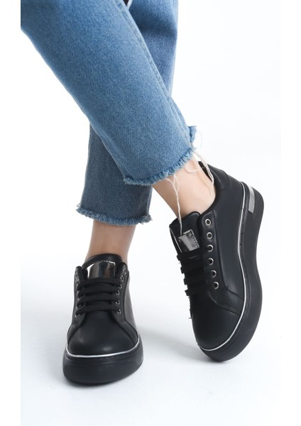 Mına Bağcıklı Ortopedik Taban Kadın Sneaker Spor Ayakkabı Cst - Siyah/gümüş