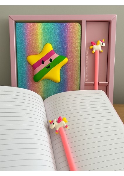 -Unick Color Elegans Puffy Yıldız Simli Hatıra Defteri ve Unicorn Kalem Seti