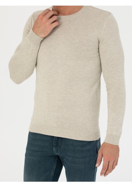 Erkek Bej Slim Fit Bisiklet Yaka Triko Kazak 50270175-VR011