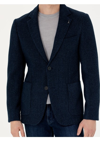 Erkek Lacivert Slim Fit Yün Karışımlı Flanel Ceket 50272639-VR033